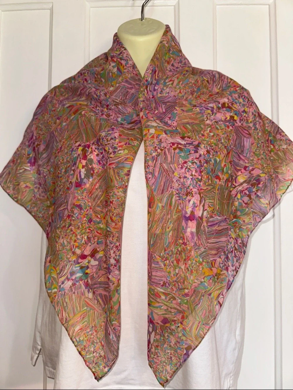Vtg  Very Large Pastel Abstract Print Square Scarf or Wrap- Pink, Green & Purple